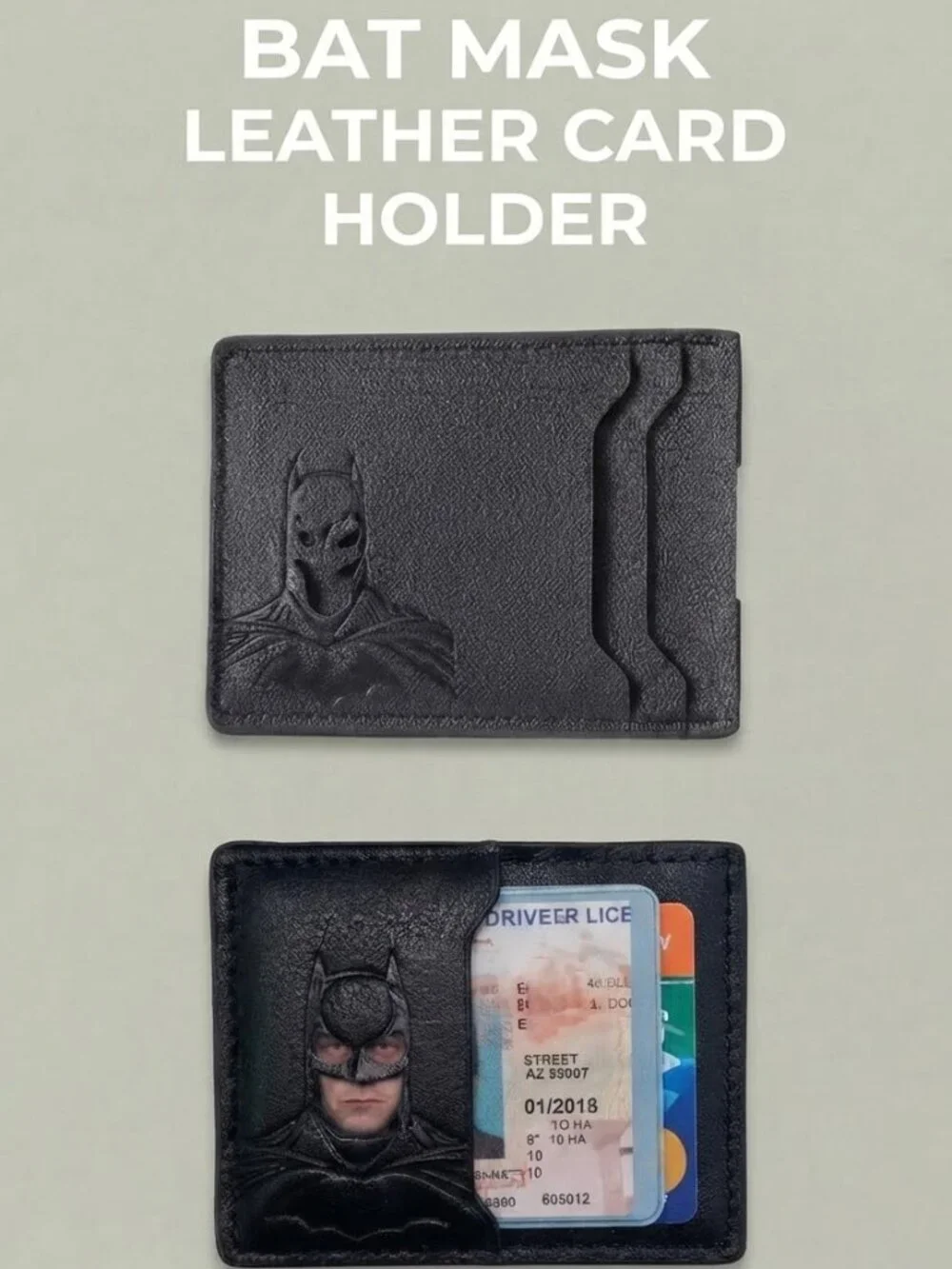 Bat Mask Leather Card Holder - Minimalist Slim Wallet for ID & Credit Cards